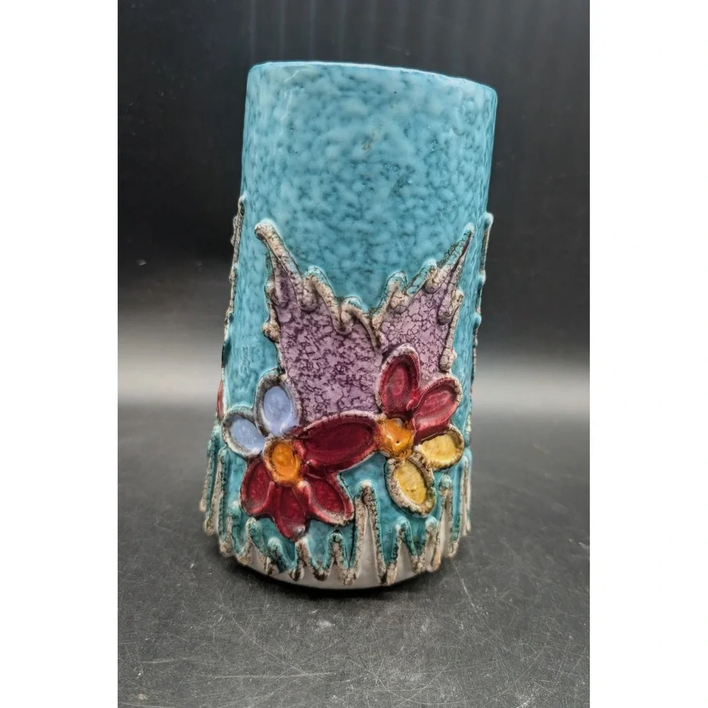 Fratelli Fanciullacci Italian Art Pottery Vase Turquoise Floral Relief 1740/W45